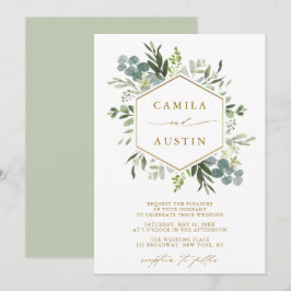 Convites Casamento com Hexágono Dourado Elegante Greenery