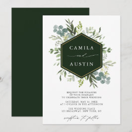 Convites Casamento com Hexágono Dourado Elegante Greenery