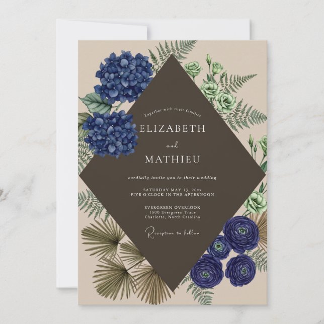 Convites Casamento com Hidrangea Eucalipto Mocha Índigo (Frente)