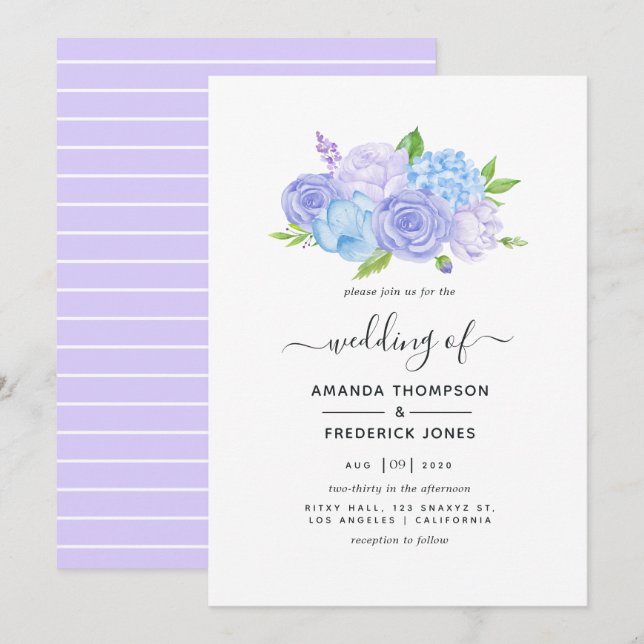 Convites Casamento com Hortênsia Azul e Lavanda Claro (Frente/Verso)