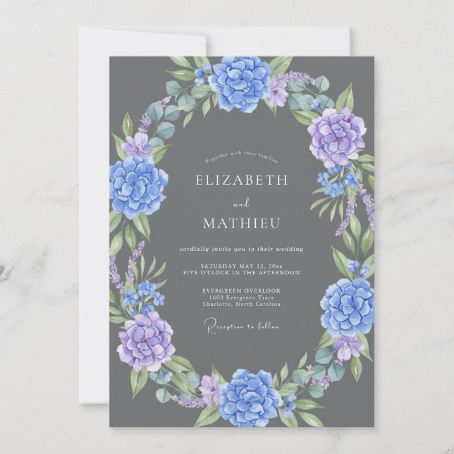 Convites Casamento com Hortênsia Violeta Eucalipto Carvão (Frente)