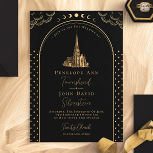 Convites Casamento com Igreja Dourada Vintage Negra Deco Mí
