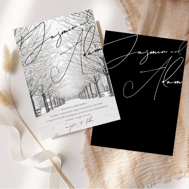 Convites Casamento com Imagens Imaginárias de Cenário de Ne (Winter Snow Scenery Picturesque Script Wedding Invitation)
