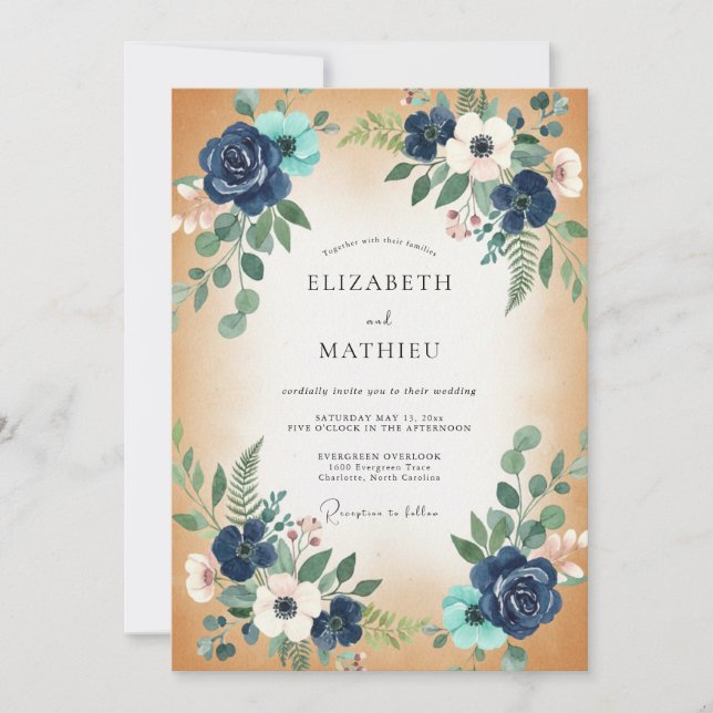 Convites Casamento com Indigo Aqua Eucalipto (Frente)