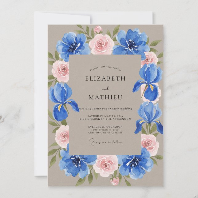 Convites Casamento com Íris Eucalipto Taupe Cobalto (Frente)