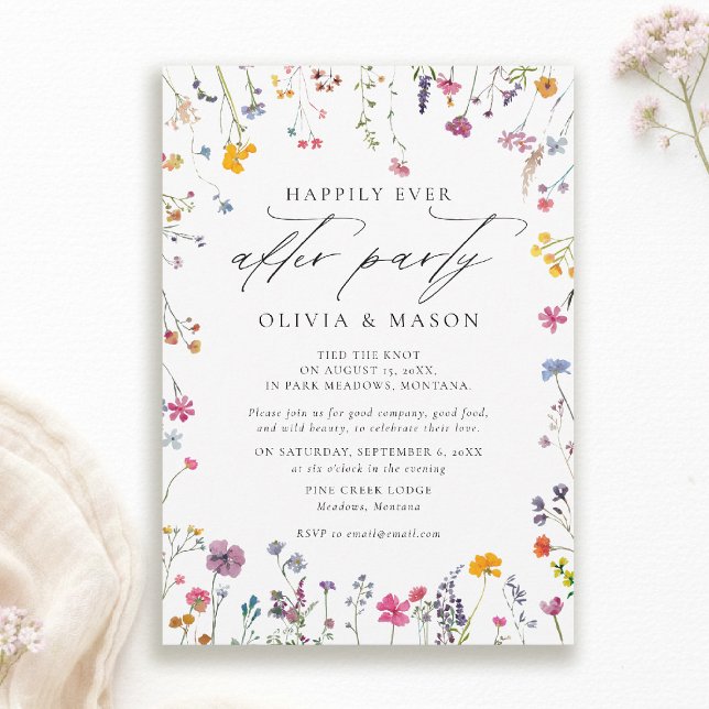 Convites Casamento com Jardim de Flores Silvestres em Aquar (wildflower wedding after party invite watercolor garden backyard barn summer spring elegant romantic)