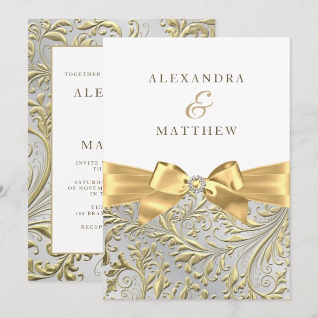 Convites Casamento com Laço Branco e Folha de Ouro Elegante (Frente/Verso)