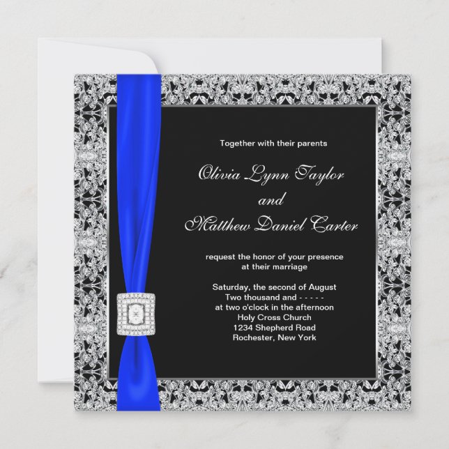 Convites Casamento com Laço Preto Azul Real (Frente)