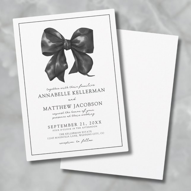 Convites Casamento com Laço Preto Elegante (Simple Minimalist Watercolor Black Bow Wedding Invitation)