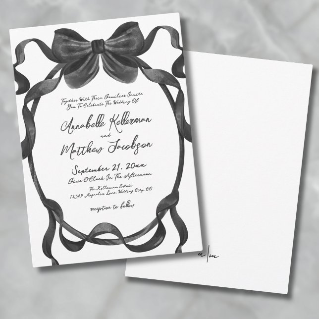 Convites Casamento com Laço Preto Elegante (Elegant Stylish Watercolor Black Bow Wedding Invitation)