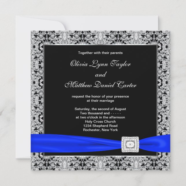 Convites Casamento com Laço Preto Prata Azul Royal (Frente)