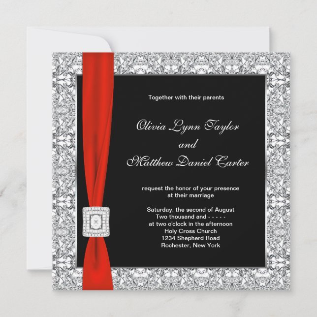 Convites Casamento com Laço Vermelho Preto e Branco (Frente)