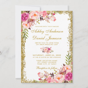 Convites Casamento com Lama Floral Cor-de-Rosa Floral