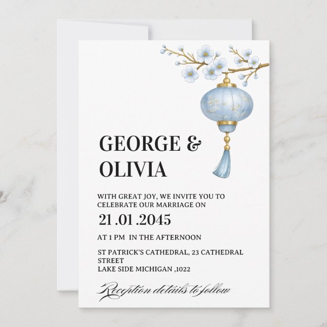 Convites Casamento com Lanterna Azul Japonesa (Frente)