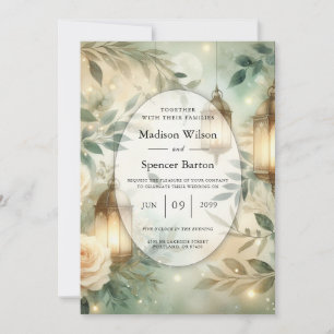 Convites Casamento com Lanterna Verde-Salvia e Rosa Marfim