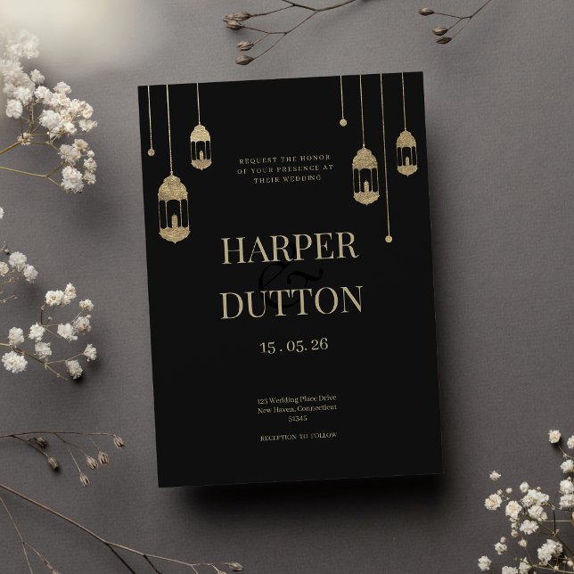 Convites Casamento com lanternas pretas e douradas minimali (Minimalist black and gold lantern lights wedding )