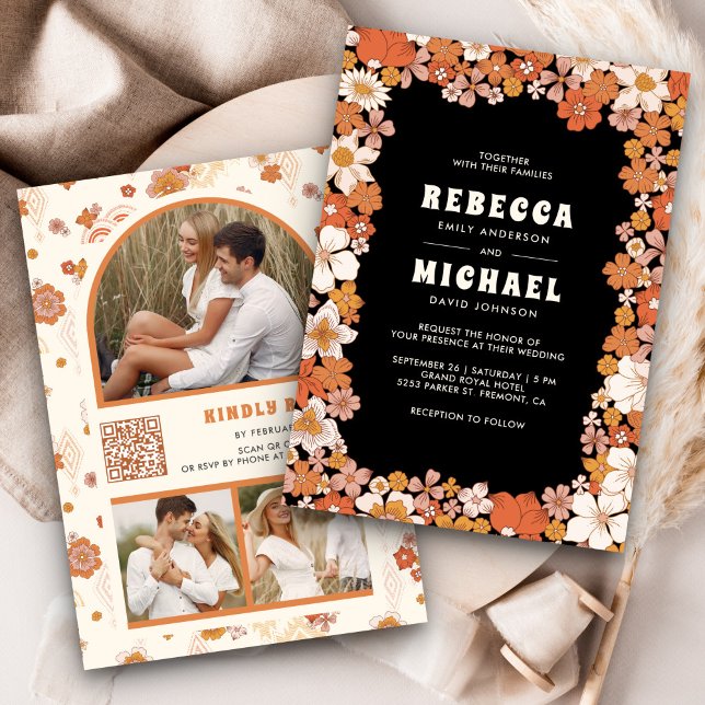 Convites Casamento com Laranja Preto Groovy Flor Silvestre  (Criador carregado)