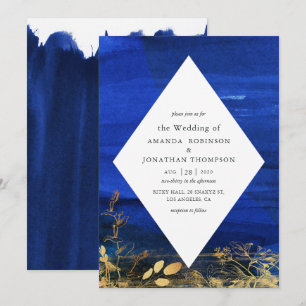 Convites Casamento com Lavagem de Aquarela Azul Marinho e B