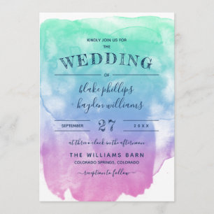 Convites Casamento com Lavagem de Aquarela Azul Violeta Men
