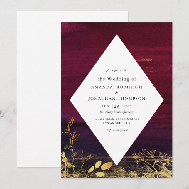 Convites Casamento com Lavagem de Aquarela em Borgonha e Do (Frente/Verso)