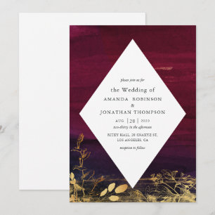 Convites Casamento com Lavagem de Aquarela em Borgonha e Do