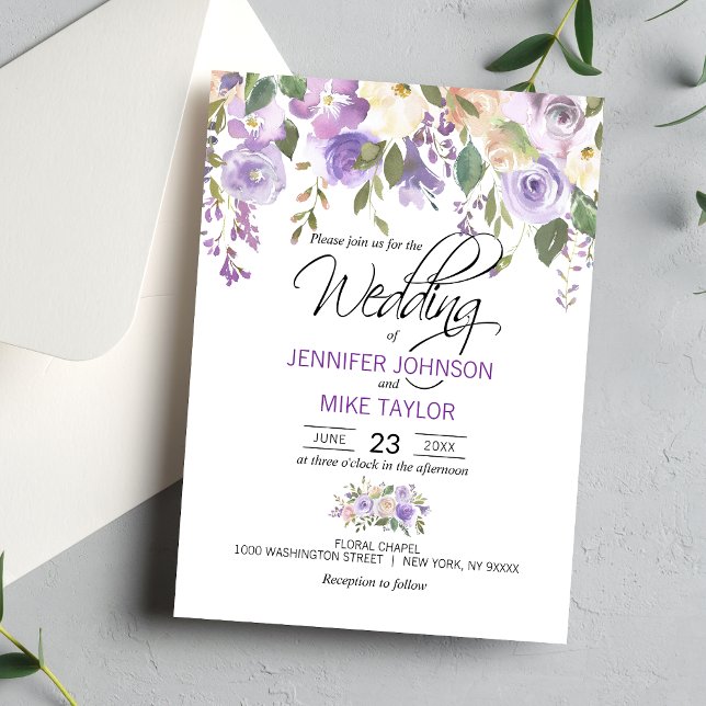 Convites Casamento com Lavanda Floral Purple Lilac (Watercolor Floral Lavender Purple Lilac Wedding Invitation)