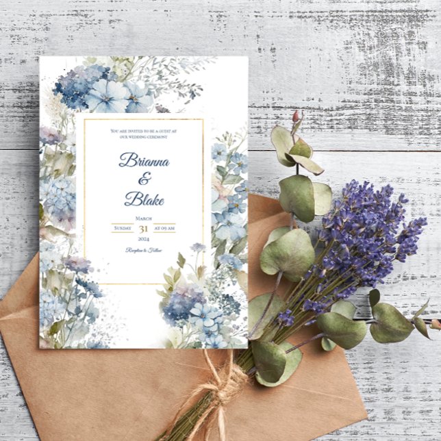 Convites Casamento com Lavanda Romântica Blue Floral Waterc (Criador carregado)