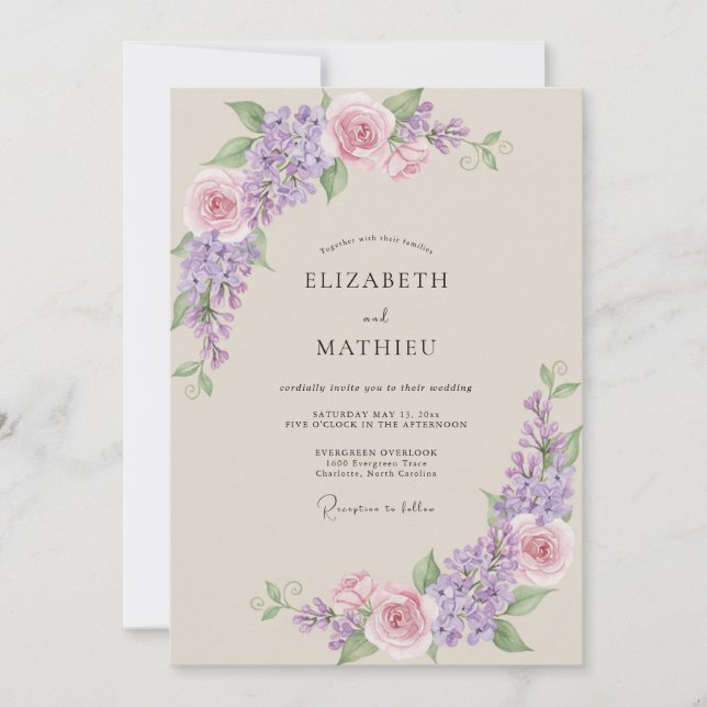 Convites Casamento com Lavanda Rosa Pálido Wisteria (Frente)