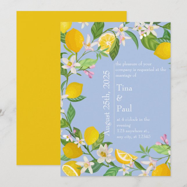 Convites Casamento com Lemon Azul no Mediterrâneo Siciliano (Frente/Verso)