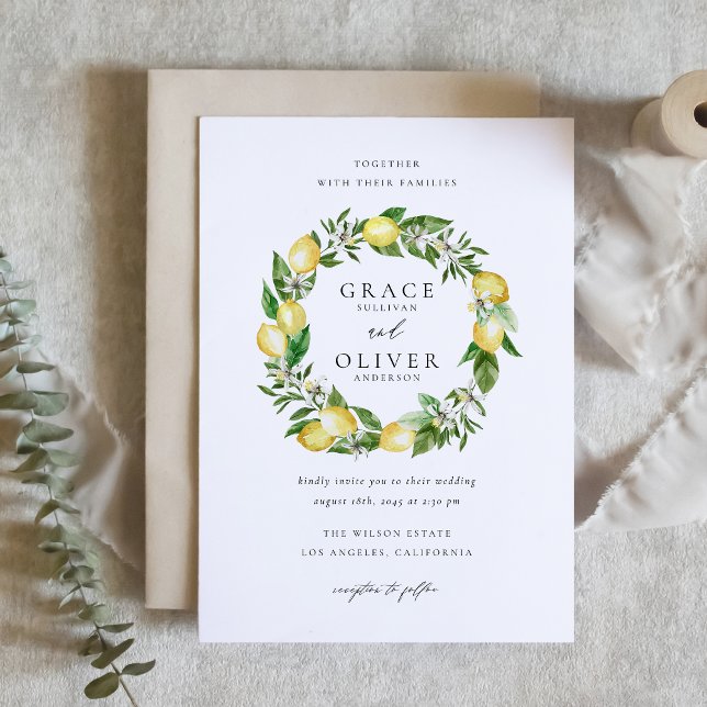 Convites Casamento com Lemon Botânico e Jardim de Terra Ver (Botanical Lemon and Greenery Wreath Garden Wedding Invitation)