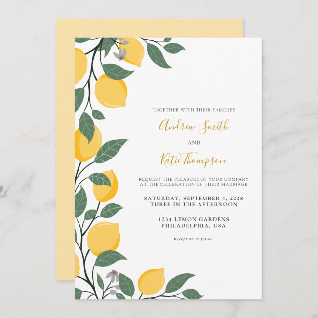 Convites Casamento com Lemons Modernos e Folhas de Caligraf (Frente/Verso)