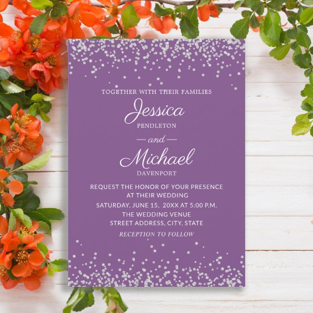 Convites Casamento com Lente de Prata Roxa Moderna Elegante (Elegant purple wedding invitation with silver glitter)
