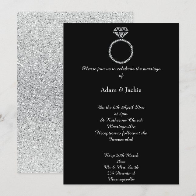 Convites Casamento com Lente Negra de Anel Diamante Luxe (Frente/Verso)