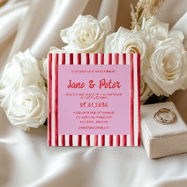 Convites Casamento com Letra à Mão Rosa e Listras Vermelhas