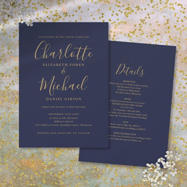 Convites Casamento com Letra Chic em Azul Marinho e Dourado (Navy Blue And Gold All In One Chic Script Wedding Invitation)
