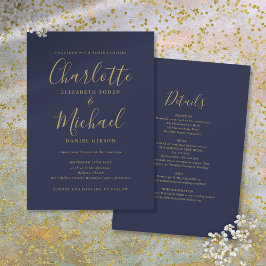 Convites Casamento com Letra Chic em Azul Marinho e Dourado