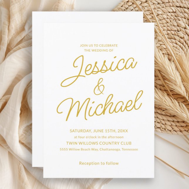 Convites Casamento com Letra Cursiva em Ouro Branco Minimal (White and gold wedding invitation)