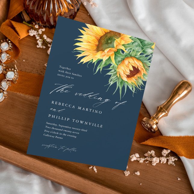 Convites Casamento com Letra de Aguarela de Girassol Rústic (An elegant, rustic sunflower wedding invitation with watercolor illustration and script typography.)