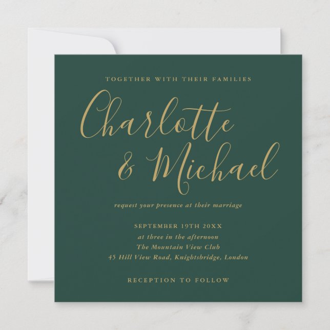 Convites Casamento com Letra de Assinatura Verde Esmeralda  (Frente)