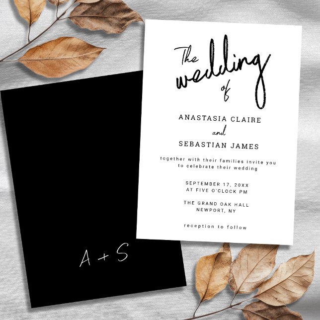 Convites Casamento com Letra de Caligrafia Preta e Branca E (Elegant Black and White Calligraphy Script Wedding Invitation)