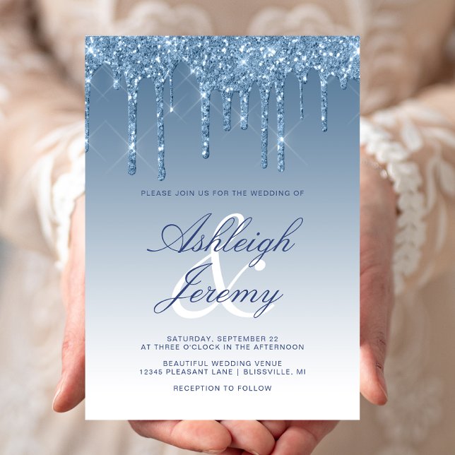 Convites Casamento com Letra de Glitter Azul Elegante (Criador carregado)