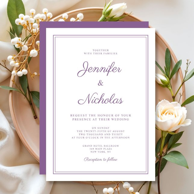 Convites Casamento com Letra de Lilás Roxo Moderna e Elegan (Elegant Modern Purple Lilac Script Wedding Invitation)
