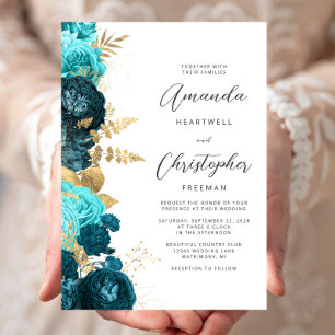 Convites Casamento com Letra Dourada Floral Teal Aqua