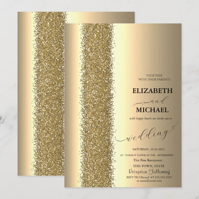 Convites Casamento com Letra Elegante Dourada Brilhante (Frente/Verso)