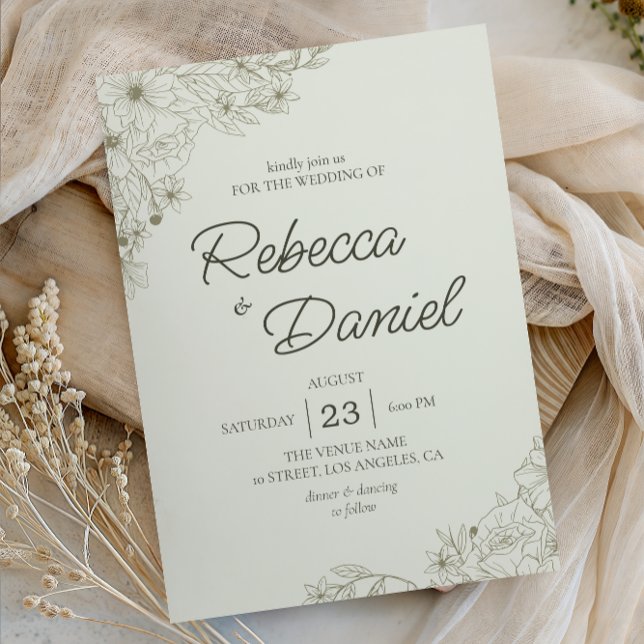 Convites Casamento com Letra Elegante em Bege Floral Minima (Criador carregado)