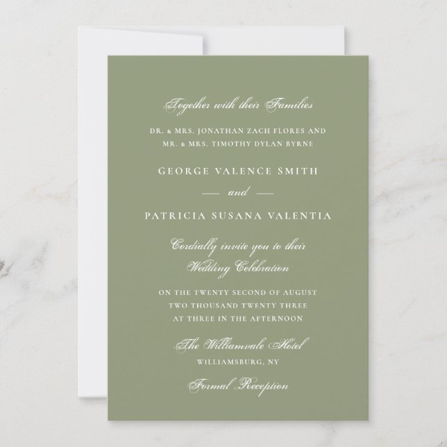 Convites Casamento com Letra Elegante em Verde Musgo (Frente)