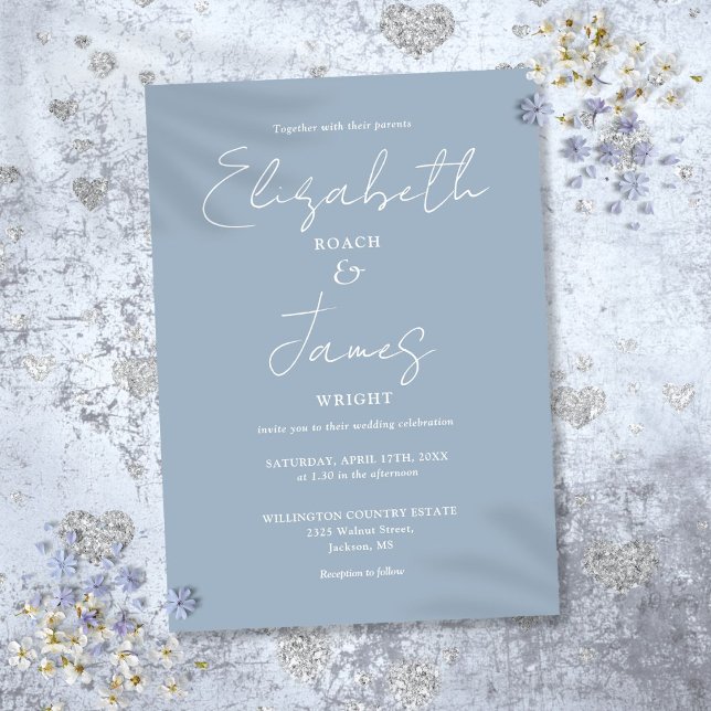 Convites Casamento com Letra Elegante Minimalista Azul Empo (Dusty Blue Minimalist Elegant Script Wedding Invitation)