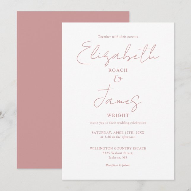 Convites Casamento com Letra Elegante Minimalista Rosa Desb (Frente/Verso)