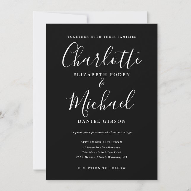 Convites Casamento com Letra Elegante Preto e Branco (Frente)