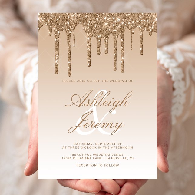 Convites Casamento com Letra Glitter Dourado Elegante (Criador carregado)